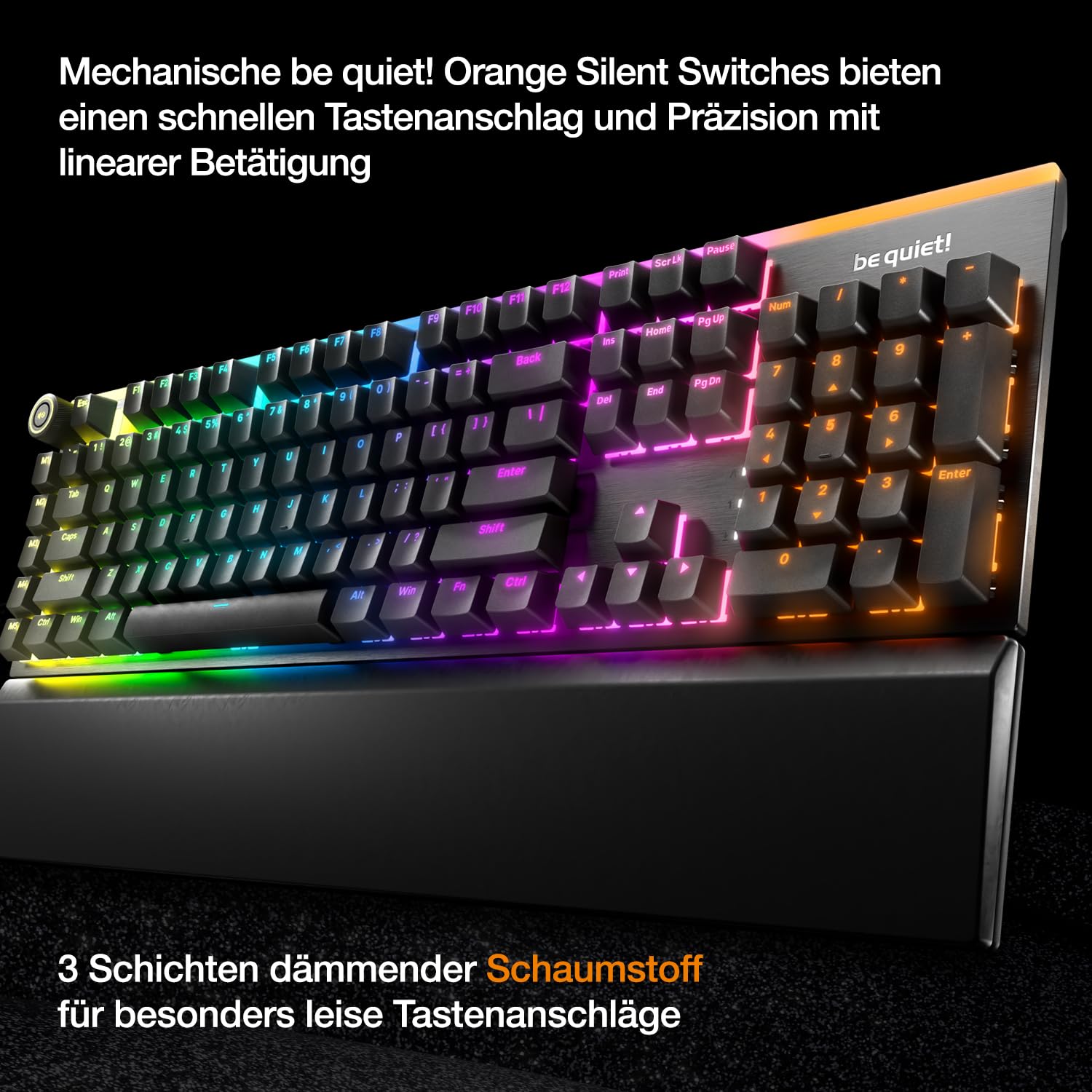be quiet! Light Mount Mechanische Tastatur und Dark Perk Sym Wireless Gaming Maus-Bundle, Leise Lineare Switches, ARGB-Beleuchtung, 55g, 32.000 DPI, 110h Akku