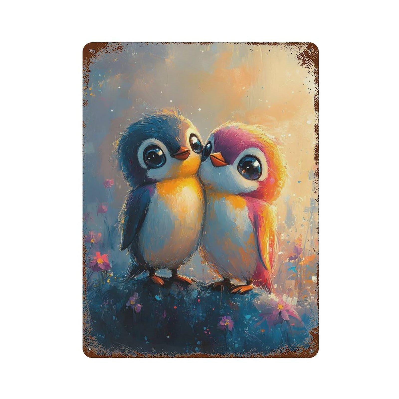 Cute Oil Paint Penguin Couple Distressed Metal Wall Sign 15.7"x11.8", Ideal for Garage, Bar And Workshop Decor