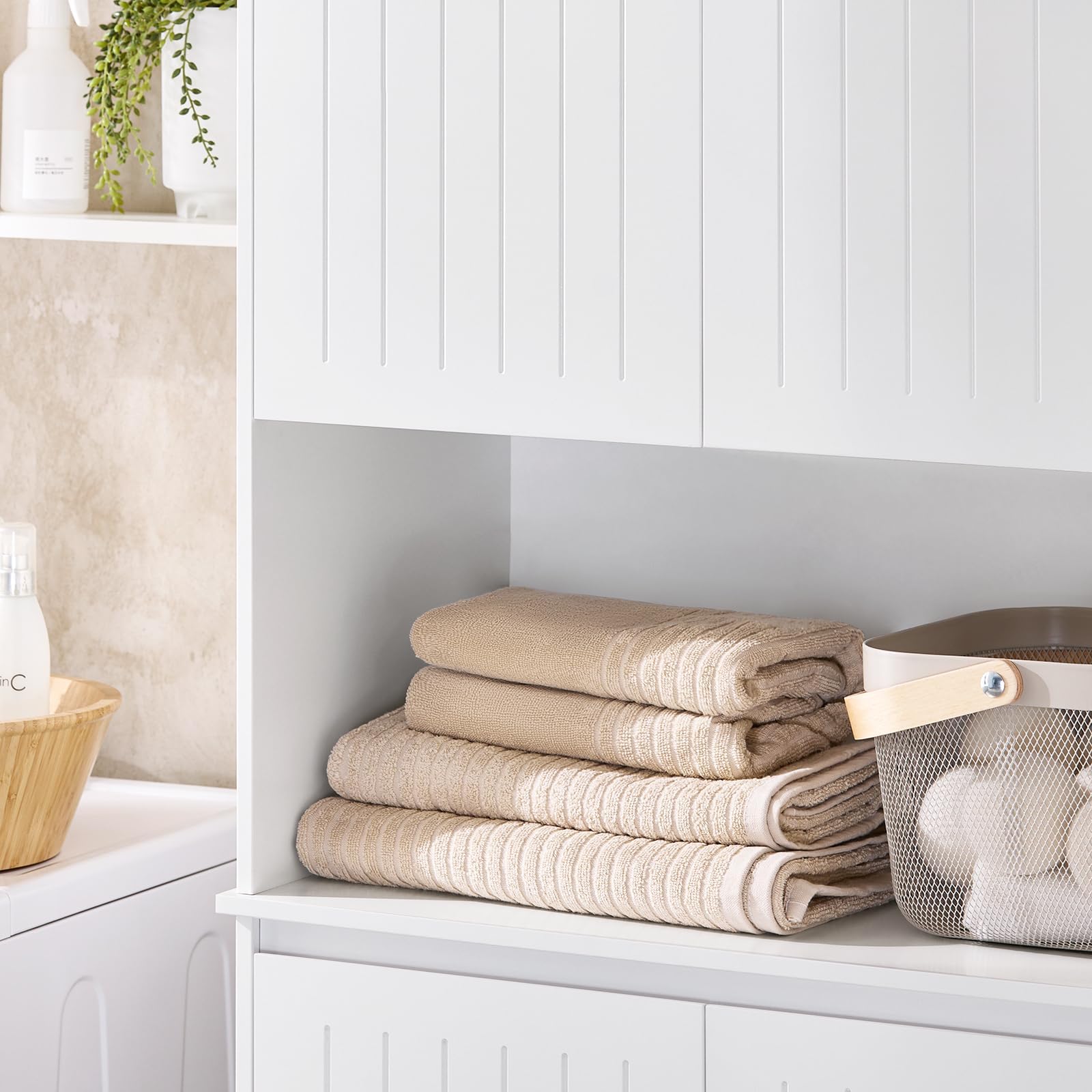SoBuy Mueble Baño Estrecho con Cesto para Ropa Sucia 37x170x70 cm | Armario Lavadero Alto 170 cm Estrecho con 2 Puertas y Estante Abierto Columna Baño Blanca para Almacenaje Compacto BZR150-W