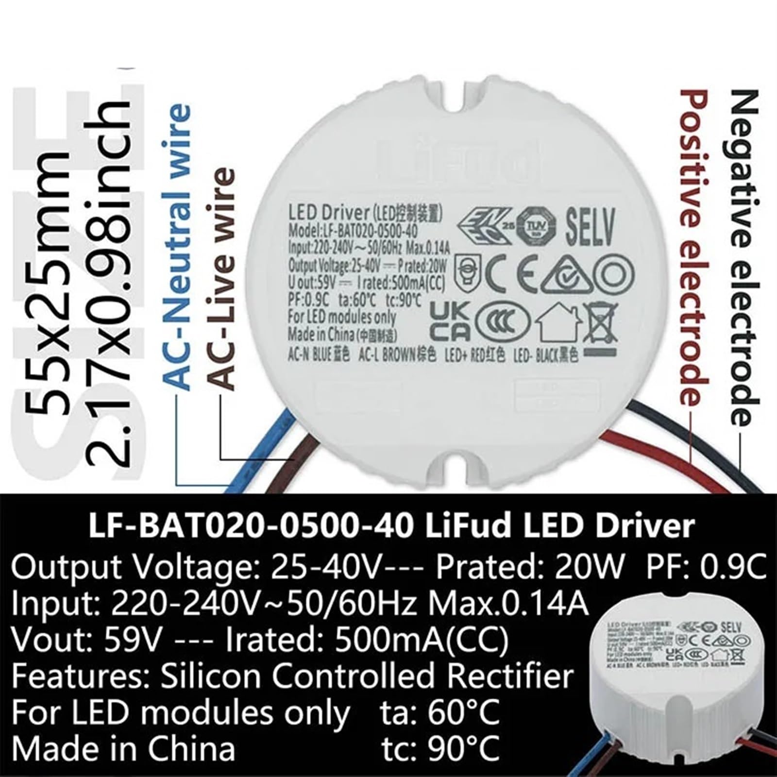 Prostownik sterowany silikonem, sterownik LED 25-40V, 250mA 300mA 450mA 500mA 600mA 700mA 750mA 1050mA, zasilacz do oprawy LED, 1 szt. (20 W DC25-40V 500mA)