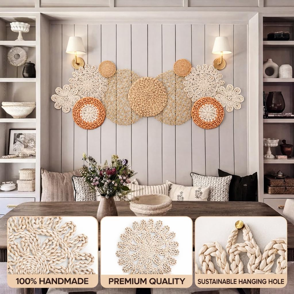 11-Piece (Vivid) Boho Wall Basket Decor – Handmade Woven Wall Baskets, Bohemian Farmhouse Wall Art, Rustic Hanging Basket Set for Living Room, Bedroom & Kitchen summer decoration