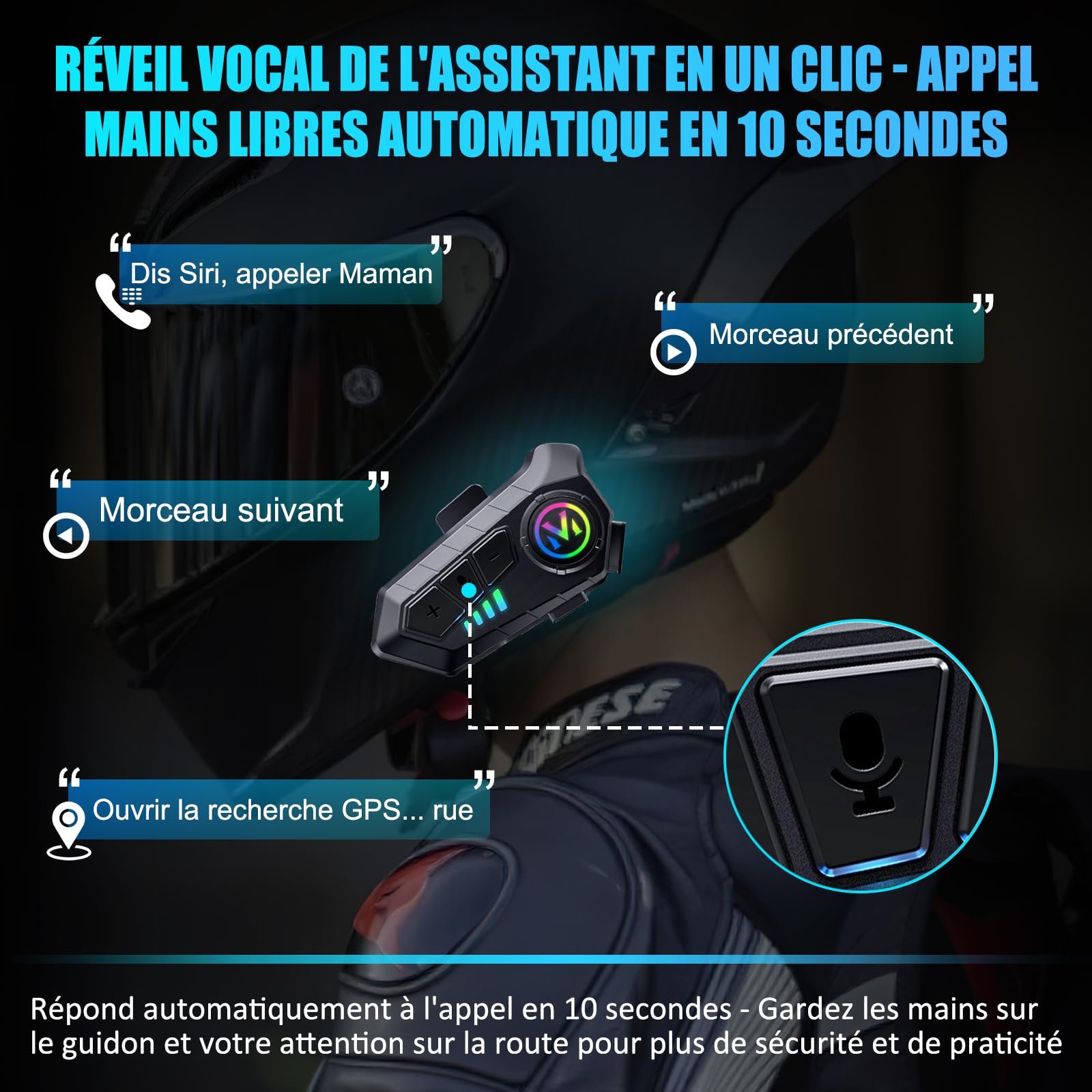 FEYA Écouteurs Casque Moto-Autonomie Exceptionnelle,Kit Main Libre Moto avec HiFi Haut Parleur Micro Soft/Hard Intelligente Réduction du Bruit Étanche IPX6/Réponse Auto/Sans Fonction D'interphone-Y100