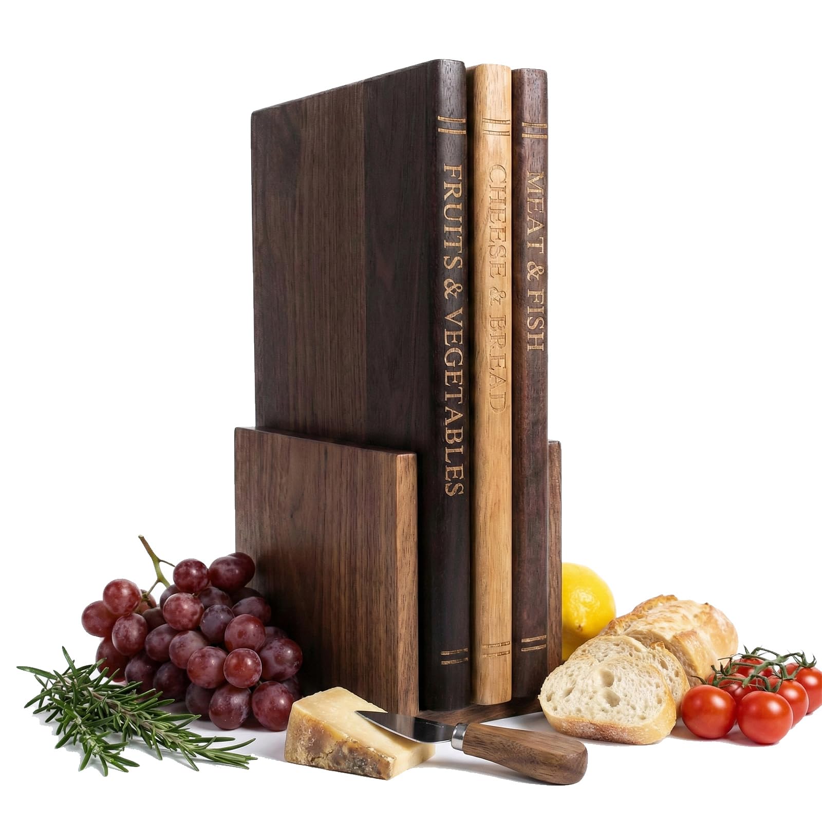 Set Taglieri in Legno con Supporto, Tagliere Libro “Biblioteca” a Forma di Libri, 3 Pezzi 3 Colori Diversi Inclusi, Accessori Cucina per Aperitivo, Antipasto, Formaggi e Pane