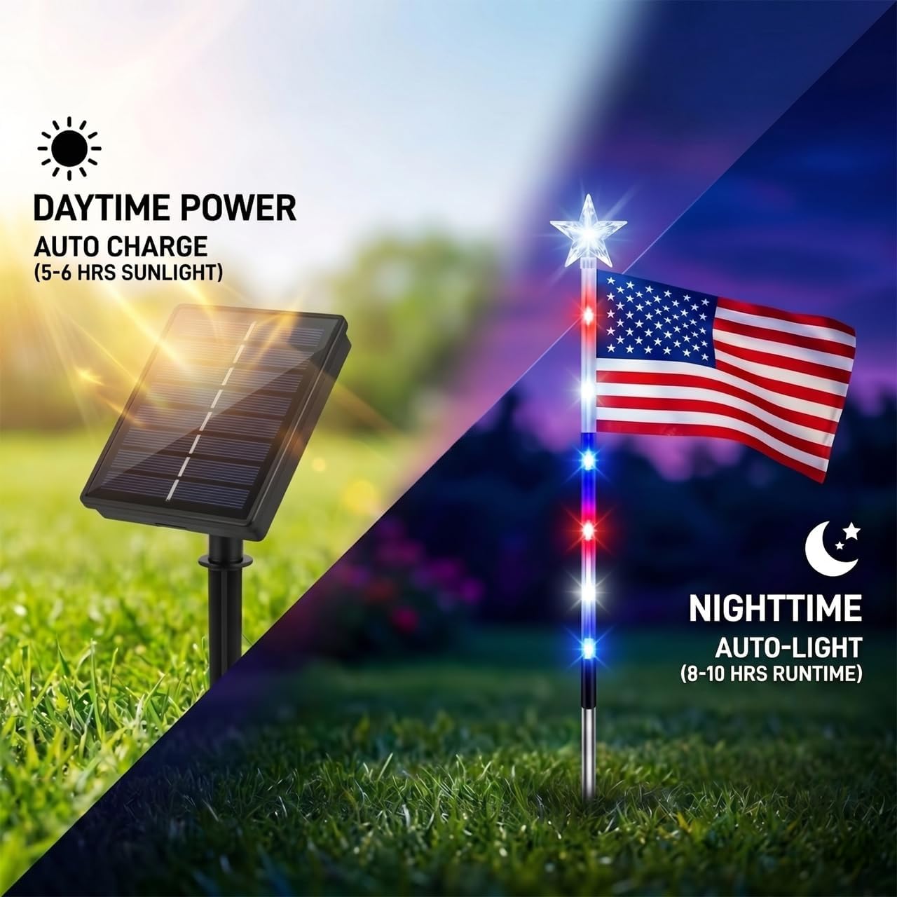 8PCS Solar American Flag Pathway Stake Lights with 8 Modes, Patriotic Red White Blue Waterproof LED Outdoor Yard Garden Decorations for 4th of July, 250th Anniversary, Memorial Day (8in1 Flag Lights)