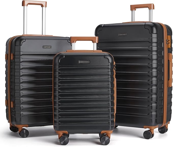 LIGHT FLIGHT Luggage Sets, 3 Piece Durable Suitcase Set with Spinner Wheels, 3 Pcs Hardside Lightweight luggage with TSA Lock, Large Checked Travel Suitcases, 20/24/28 Inch,Black/Brown