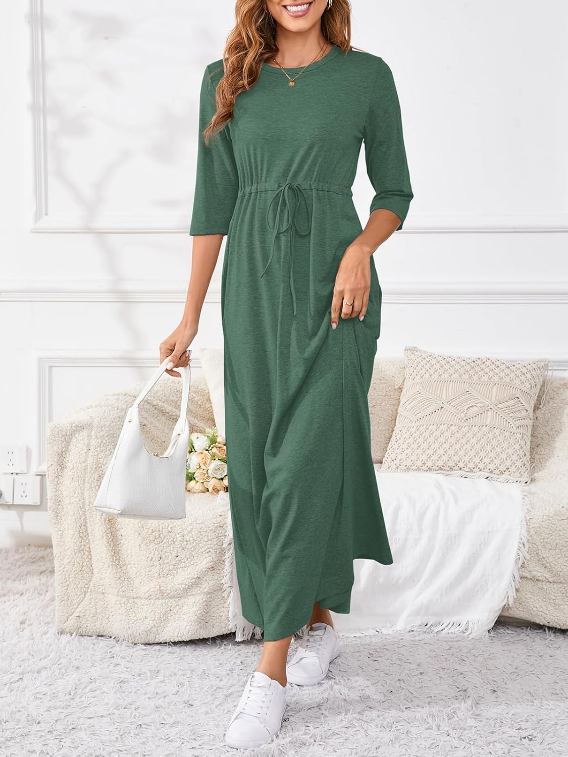 HipGlamp Women's Summer Casual Long Dress 3/4 Sleeve Crew Neck Drawstring Belt Fall Long Maxi Dresses with Pockets - Image 4