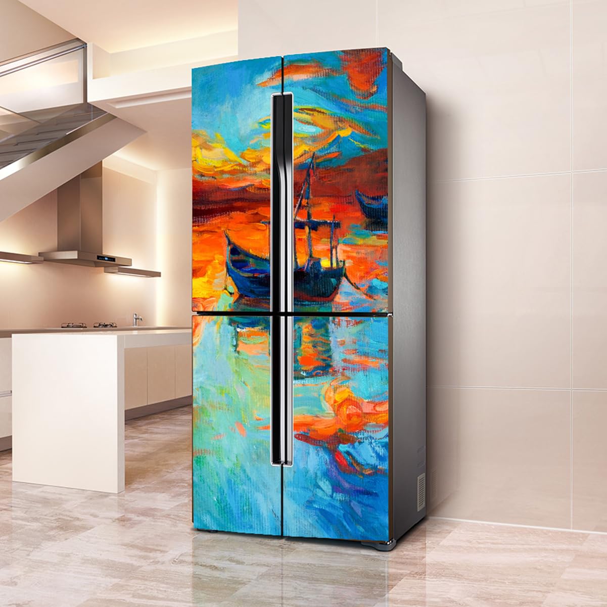 VHcgCGJ Fridge magnet, Full Covering, Freezer Skins Wall Stickers for Kitchen Decal, Oil Painting Sailing Boat Sunset(L: 100x180 cm)