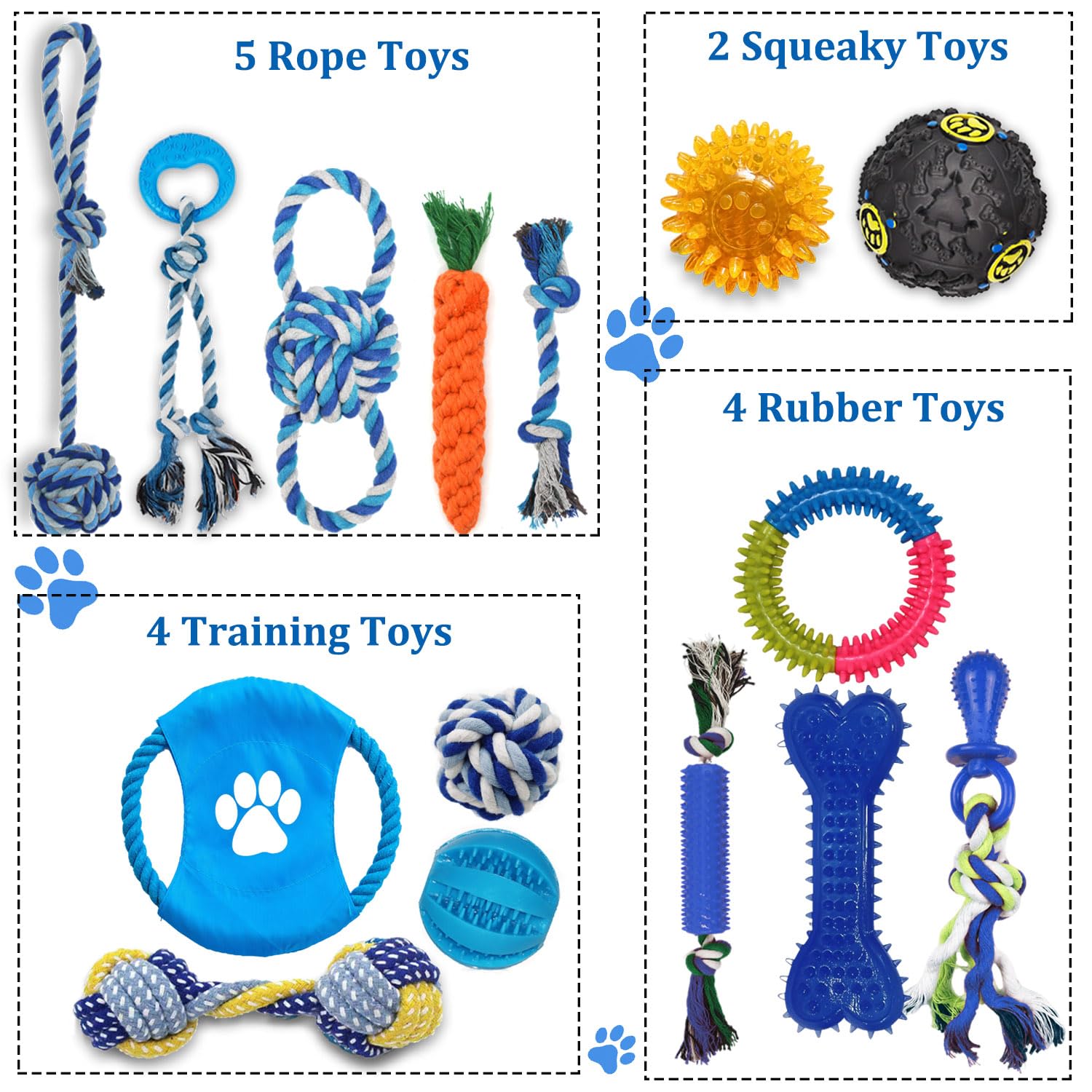 Juguetes para cachorros, paquete de 15, juguetes masticables para dentición de perros, cuerda interactiva y bolas chirriantes para perros pequeños, bonito juego de cepillos de dientes de goma