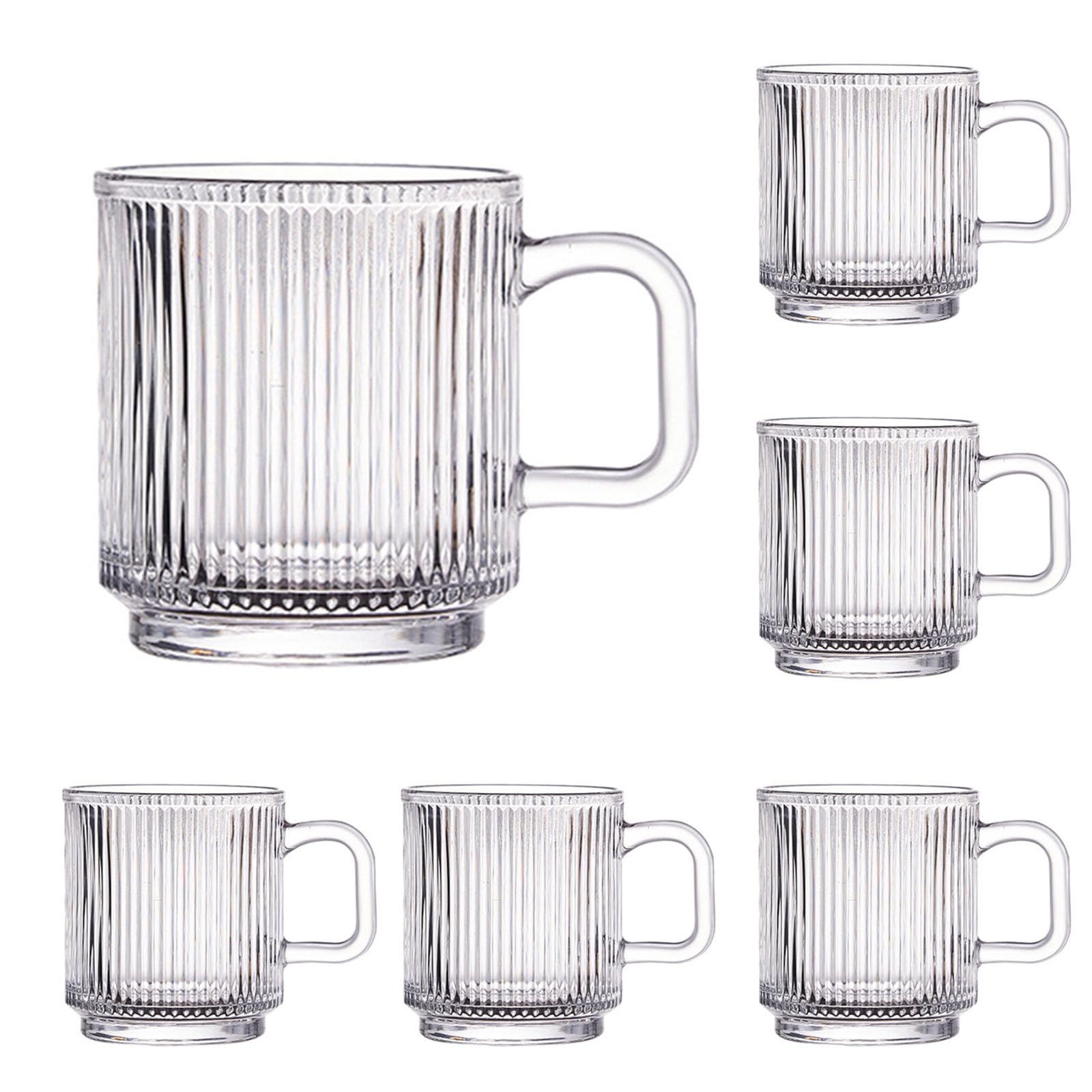 Paquete de 6 Tazas de café de Vidrio de 340 ml, Tazas de té clásicas con Rayas Verticales y asa, Ideales para Bebidas frías y Calientes.