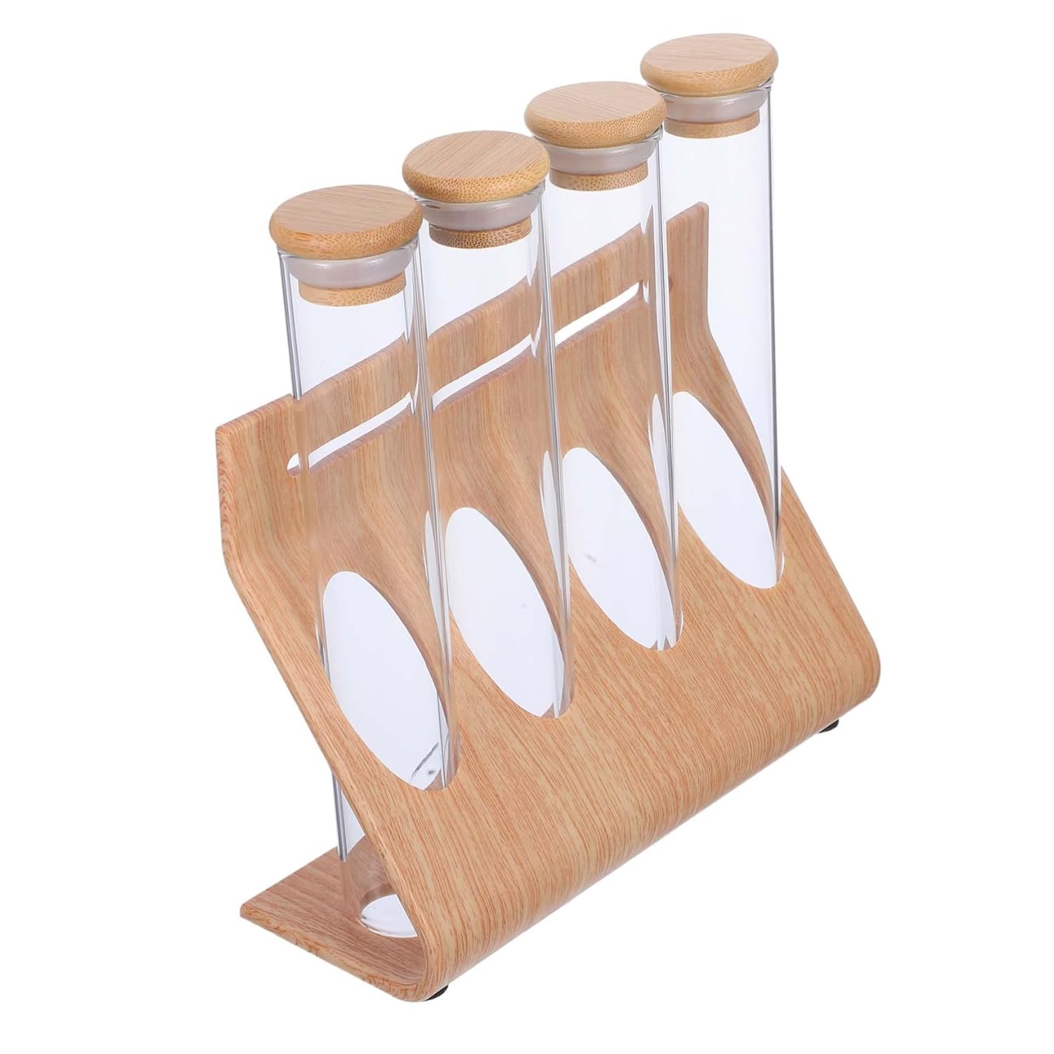 Elegant Wooden Coffee Rack 4 Glass Coffee Bean Beakers Test Tube Spice Jars Display