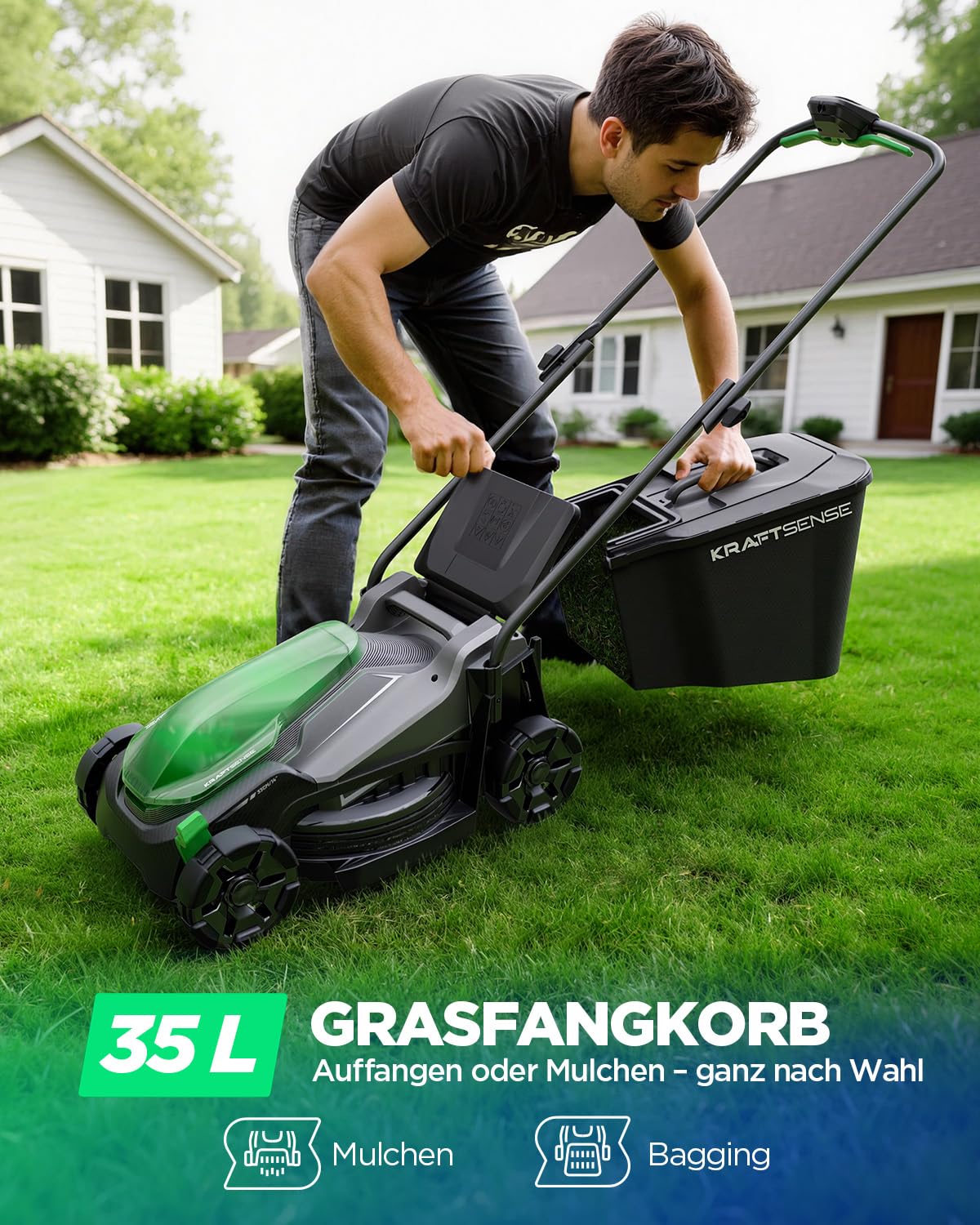 Akku-Rasenmäher für kleine Gärten, 33 cm Arbeitsbreite, bürstenloser Antrieb, 2-in-1 Mulchen & Fangen, mit 2×5,0 Ah Akkus für bis zu 400 m² pro Ladung, inkl. Typ-C-Ladekabel
