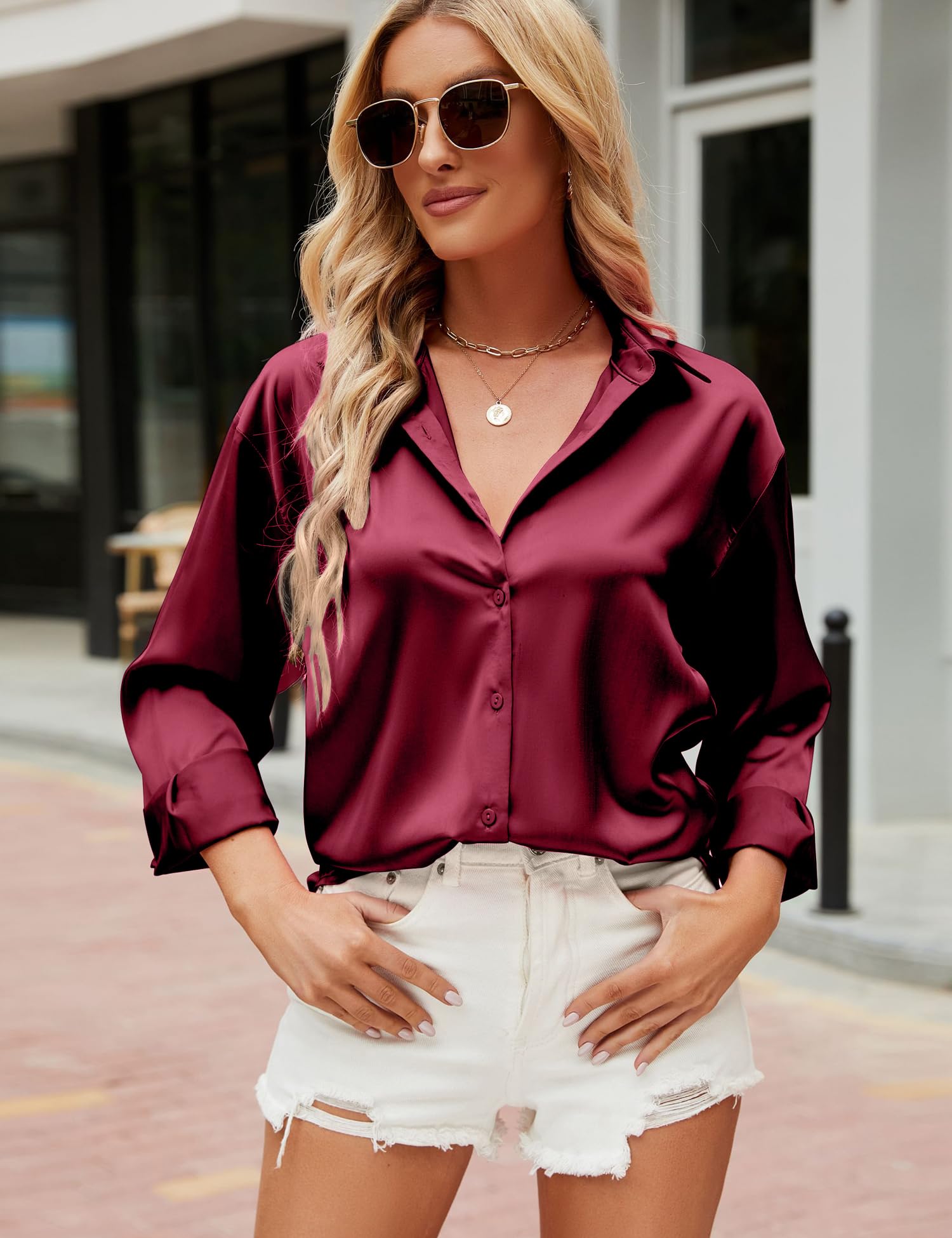 HANERDUN Camicia Donna Elegante Camicia Button Down di Raso Maglia Scollo a V Camicetta a Colore Solido Top Camicia
