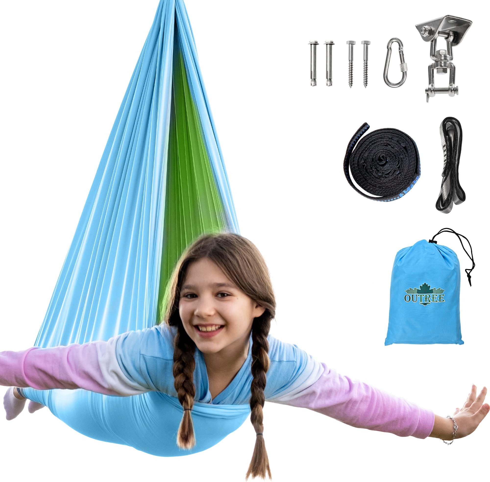 OUTREE Sensory Swing, Double Layer Therapy Swing with 360° Swivel Hanger, Healing & Relaxing Cuddle Sensory Swing for Kids and Adults with Autism, ADHD, Sensory Processing Disorder(Blue and Green)
