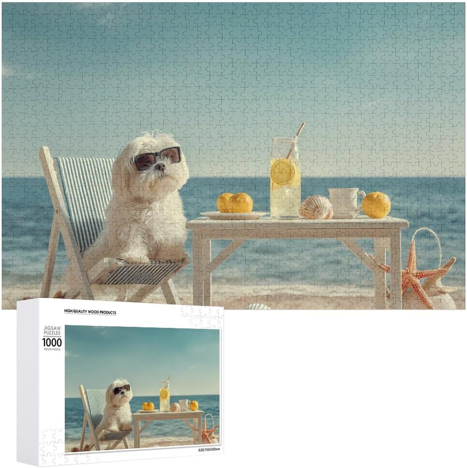 Beach Maltese Dog Puzzles for Adults 1000 PCS Wooden Jigsaw Puzzle Wall Decor Christmas