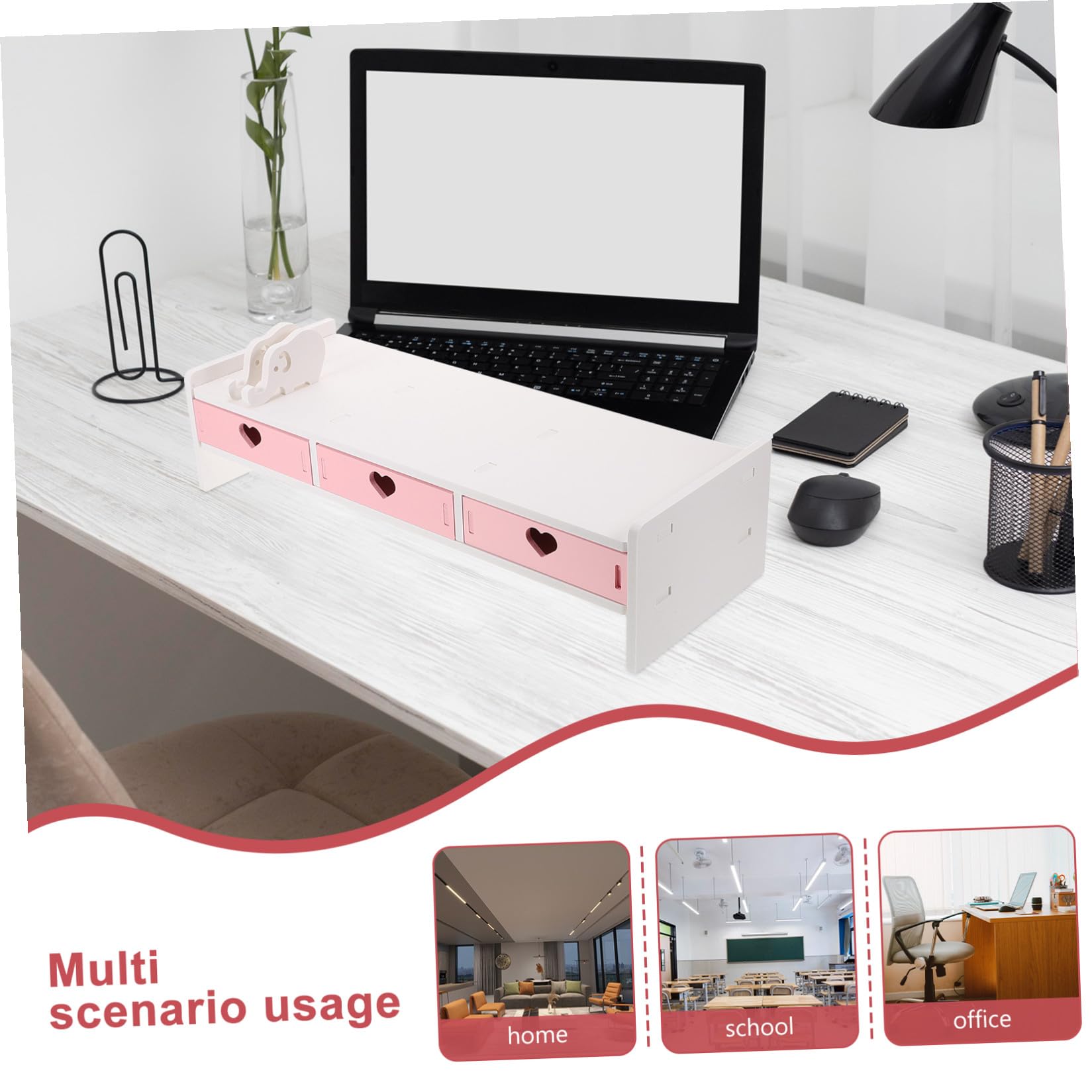 Housoutil Supporto per Monitor da Scrivania in PVC Rosa e Bianco, Rialzo e Organizzatore per Computer da Ufficio e Studenti, Spazio Salvaspazio per Tastiera e Accessori