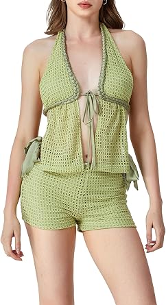 Sujhwsx Women Summer Crochet Shorts Set Sleeveless Tie Up Halter Backless Tank Top Hollow Out Shorts Sexy Beach Clothes