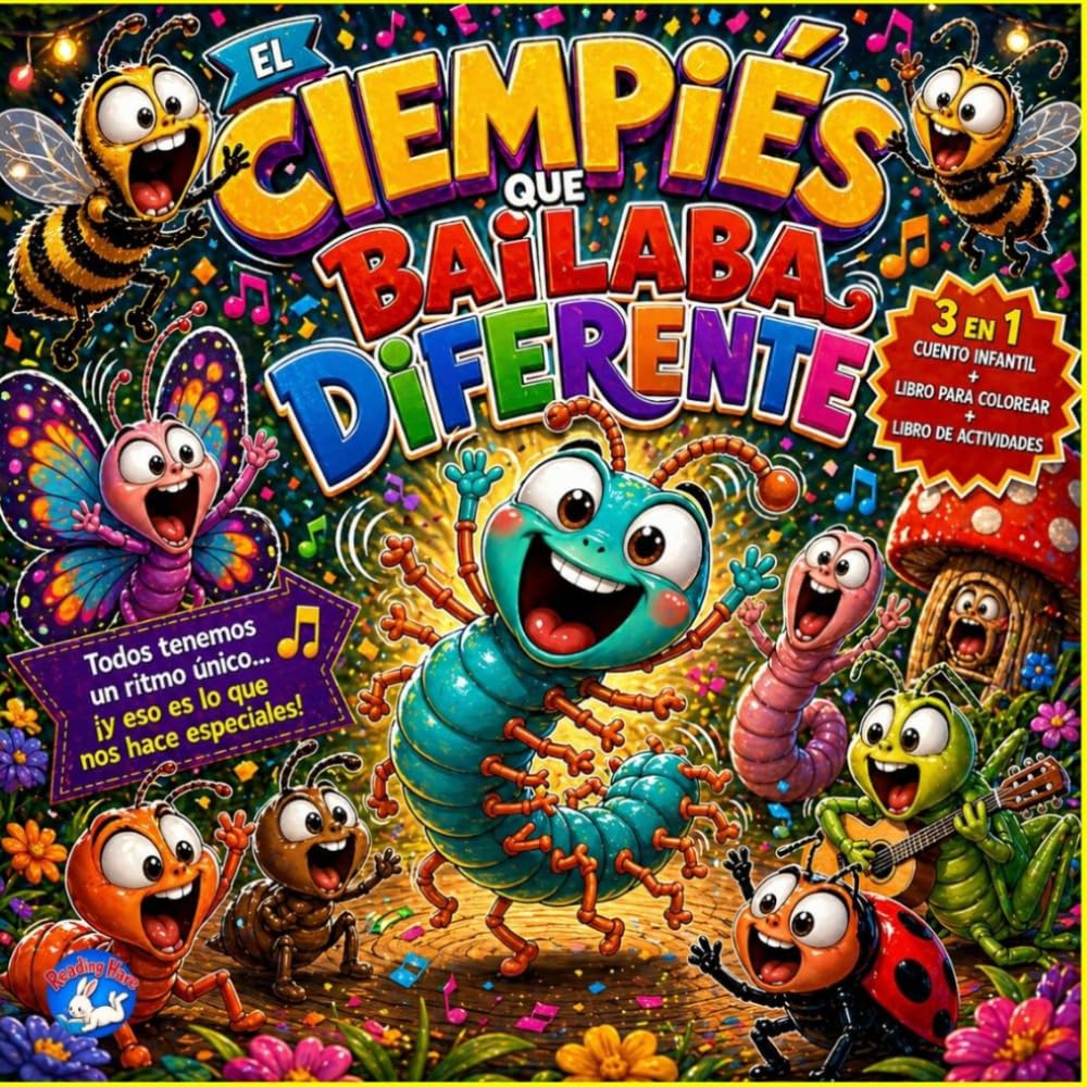 El CIEMPIÉS QUE BAILABA DIFERENTE: 3x1 Cuento Ilustrado + Libro de colorear + Libro de Actividades , Pequeños lectores a partir de 5 años, Con Letra ... que enseña valores de autoestima y superación