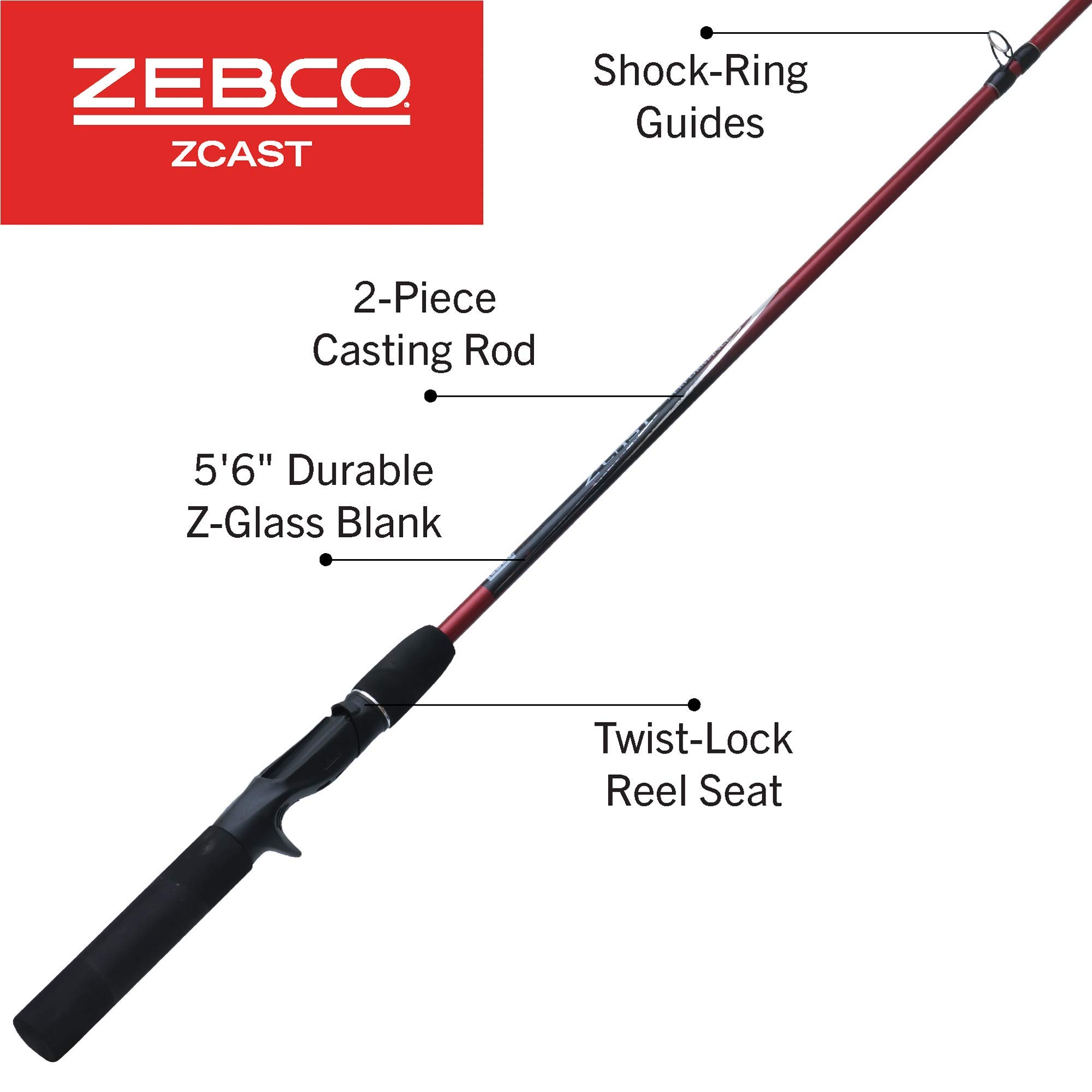 Zebco ZCAST 5'6" 2PC ML CAST ROD, Multi (ZCASTC562MLA,PB3), Black / Red, 5'6" Rod - Image 2