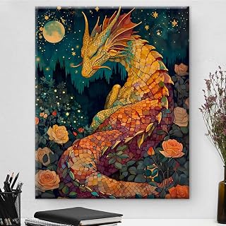 Mystical Dragon Canvas Wall Art Dragon Floral Celestial Print Picture Fantastic Aesthetic Painting Artwork for Home Bedroom Living Room Wall Decor 8x10 Inch