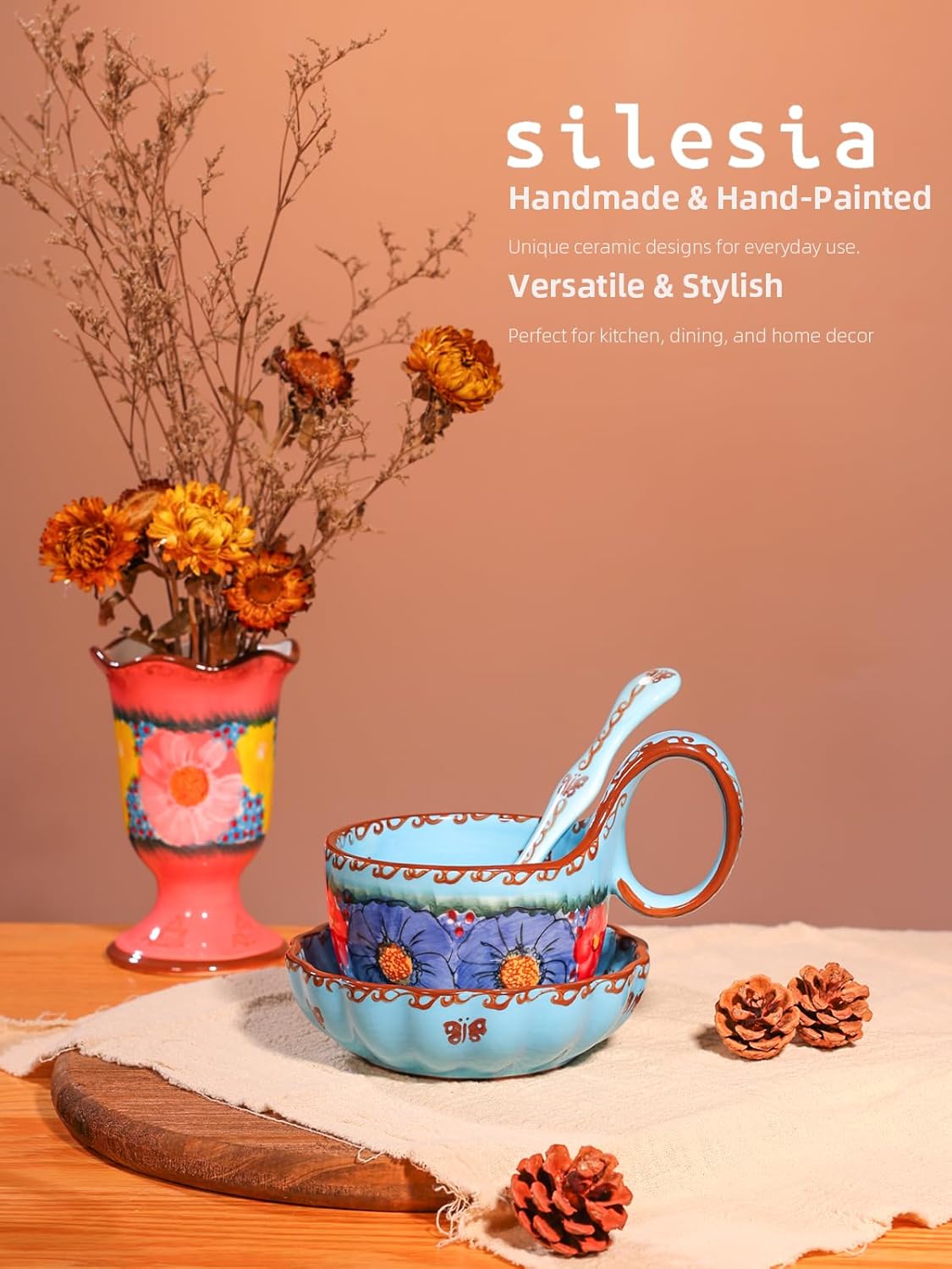 silesia Handmade Loop Handle Soup Bowl, Plate and Spoon Set Ceramic Hand Painted Cereal Bowl Great for Soup, Ice cream, Snack, Stew in Gift Box, Dishwasher & Microwave Safe, Glazed Blue