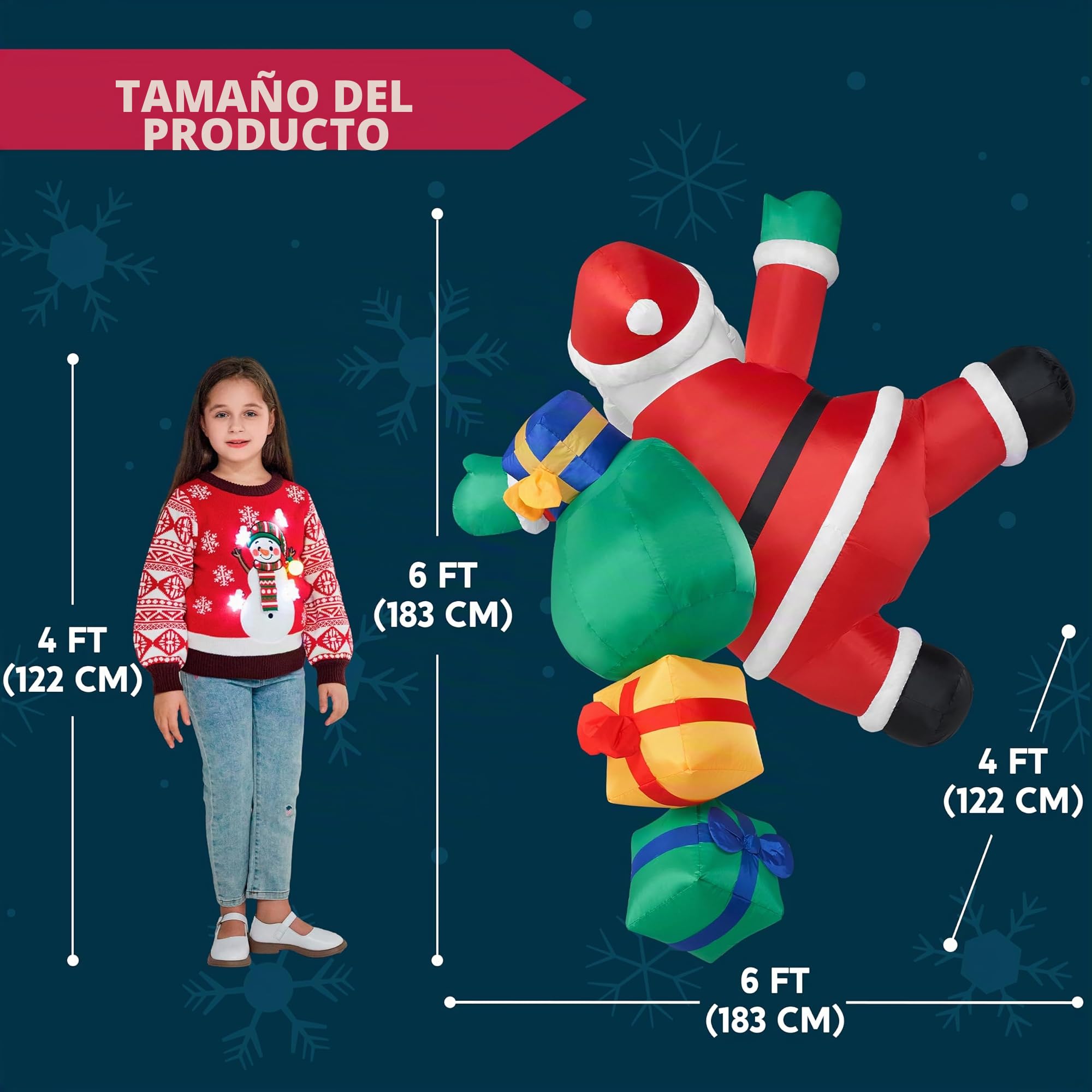 JOIEDOMI Papá Noel Inflable de Navidad de 6 pies de Alto con Bolsas de Regalo, Papá Noel Inflable para Colgar en Exteriores con Luces LED integradas para decoración de Fiestas navideñas