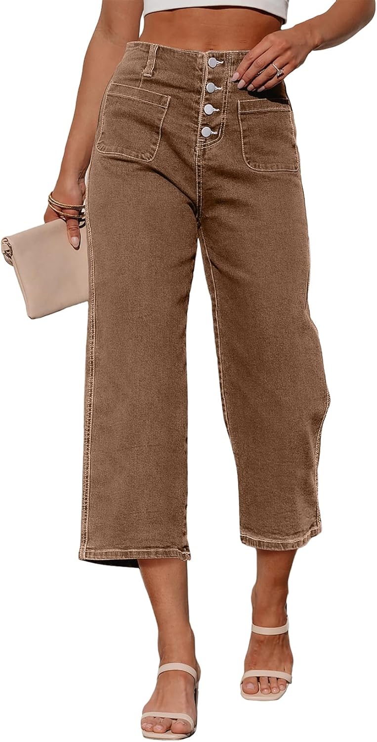 Sidefeel Women's Capri Pants Trendy Wide Leg Jeans High Waisted Stretchy Loose Cropped Denim Pants