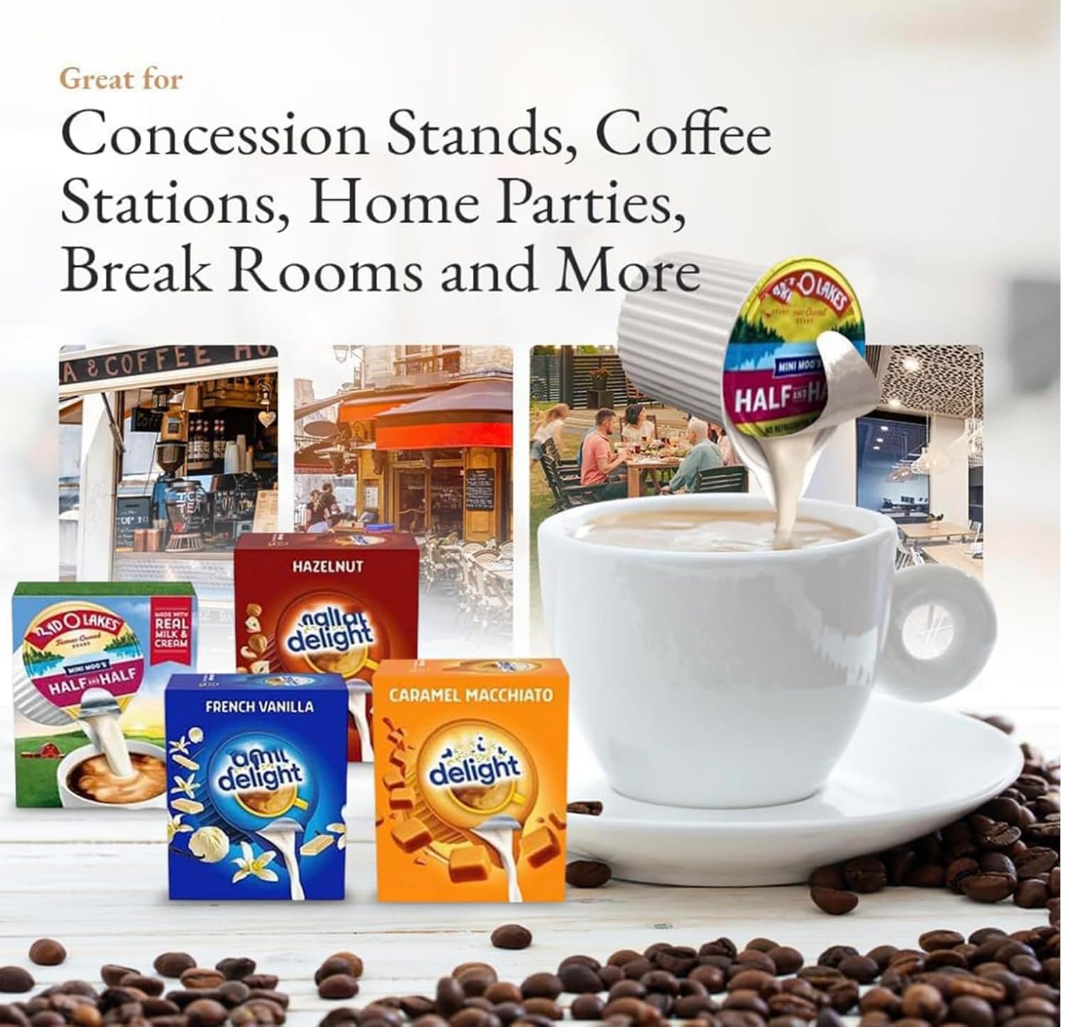 Coffee Creamer Singles Variety Pack Packaged by JMS PROFESSIONAL, Intearnational Dealight Mini Coffee Creamer & Mini Moo's 4 Flavor Assortment (100 Pack) for Home, Office, Coffee, Bar, Gift