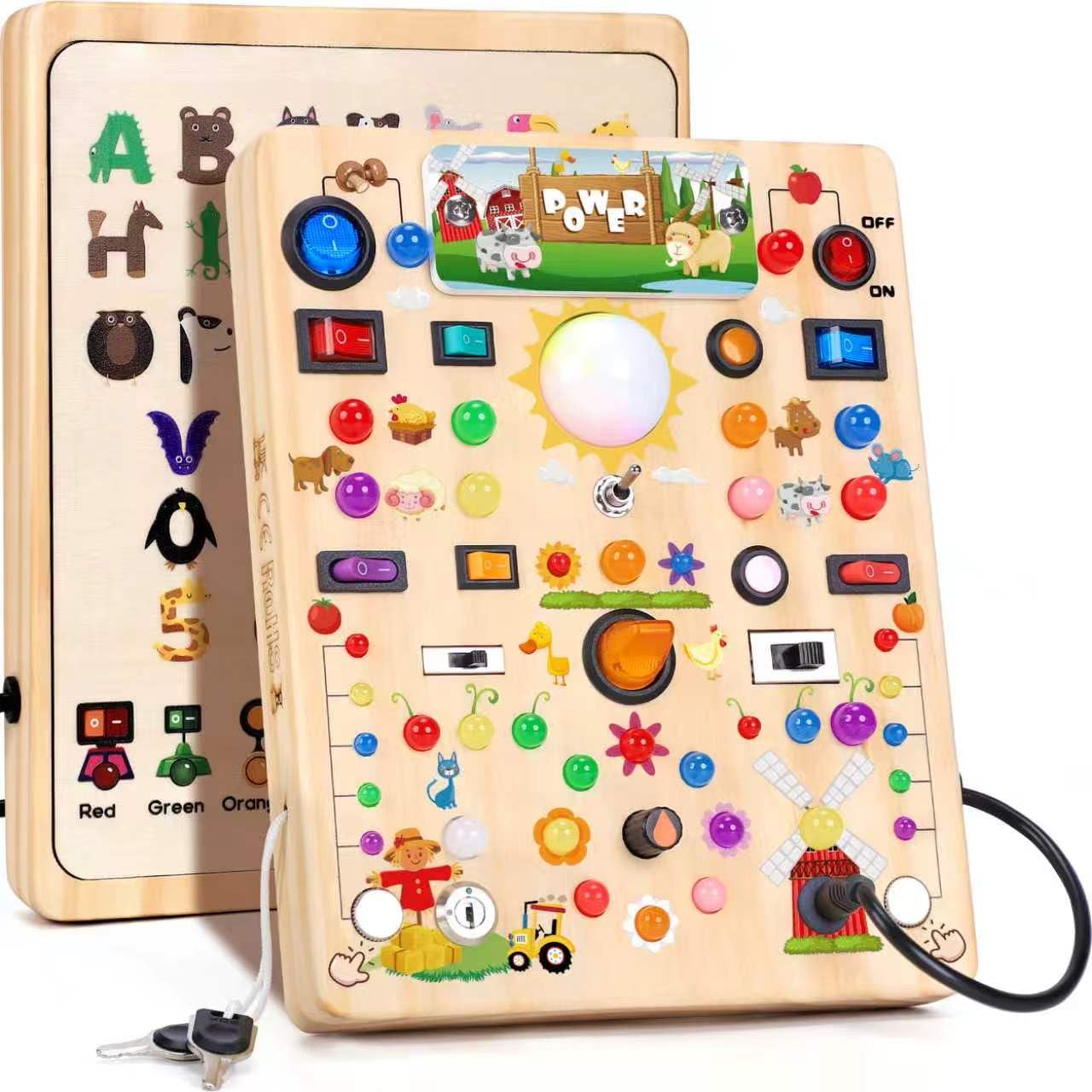 HarVow Busy Board with LED Light Switches, Montessori Toys for 1 2 3 Years Old, Toddlers Wooden Toy Sensory Activity Board, Travel Toys for 1+ Year Old Boy &amp; Girl Birthday Gift (Farm 19 Switches)