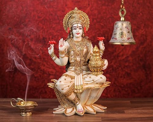 SHIVAJIARTS Gran estatua Lakshmi, 12.2 in pintado a mano polvo mármol diosa lakshmi ídolo en loto. diosa hindú del dinero, riqueza, abundancia y