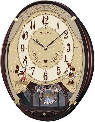 Seiko - Reloj de pared FW579B, personajes, Mickey Mouse de Disney, Minnie Mouse, radio, analógico, 6 canciones, melodía, Disney Time, marrón,