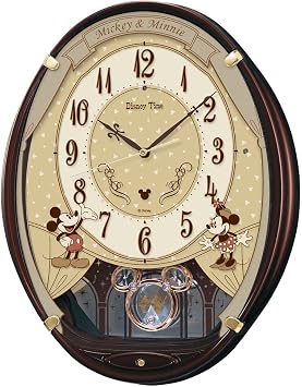 Seiko FW579B Wall Clock, Character Disney Mickey Mouse, Minnie Mouse, Radio, Analog 6 Songs, Melody, Disney Time, Brown, Metallic