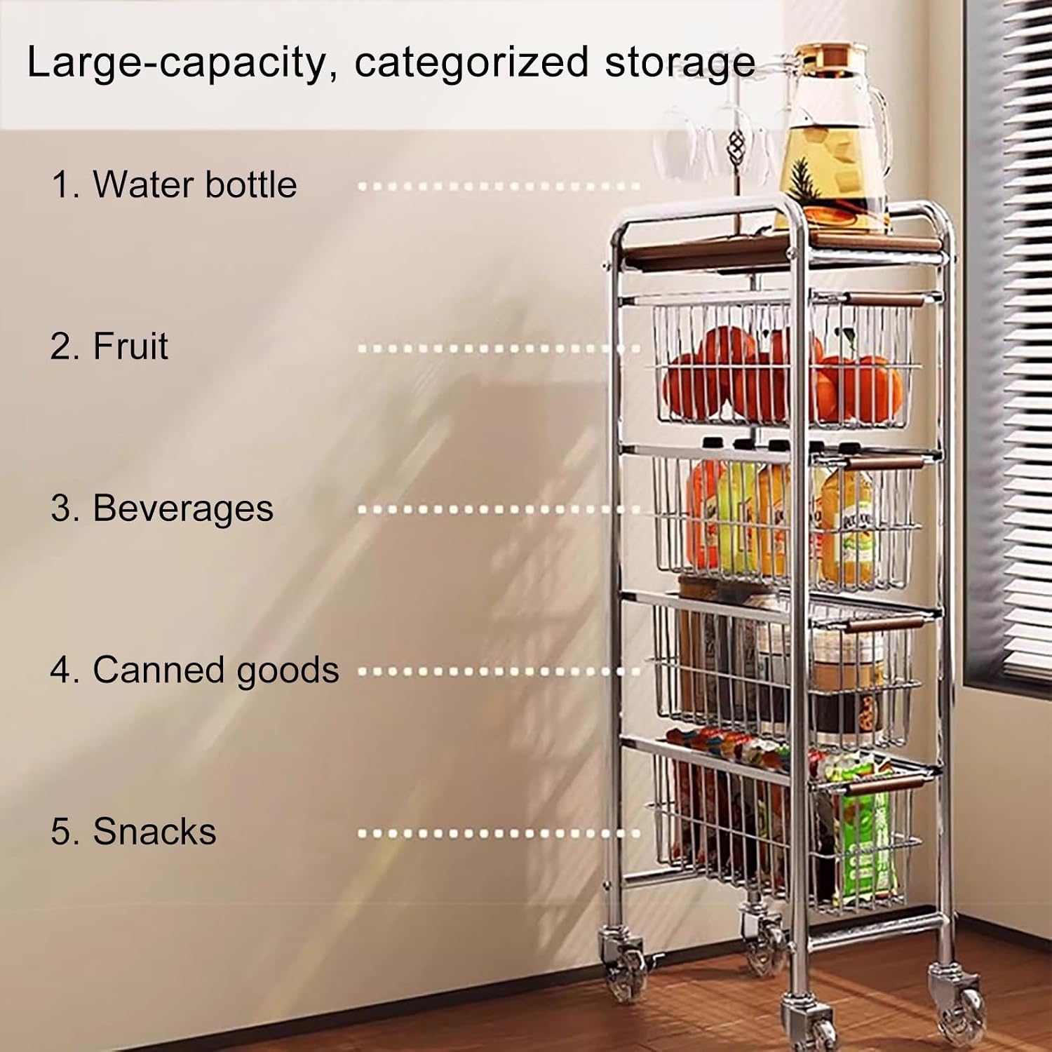 Utility Storage Cart, Space Saving Design, Metal Frame with Wooden Top and Handle, Ideal for Bathroom, Living Room, Kitchen