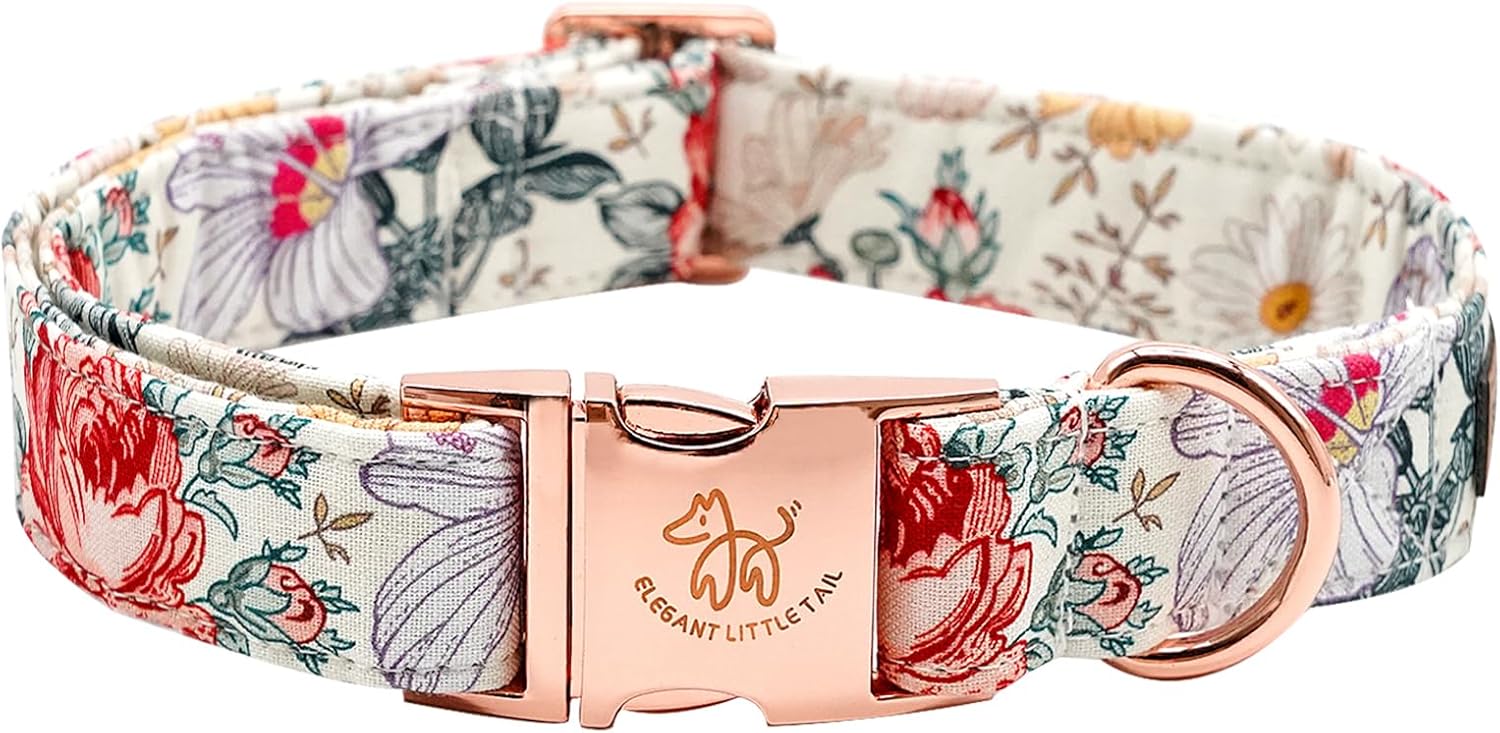Elegant Vintage Floral Print Summer Dog Collar – Cotton, Durable, Metal Buckle for Medium Dogs