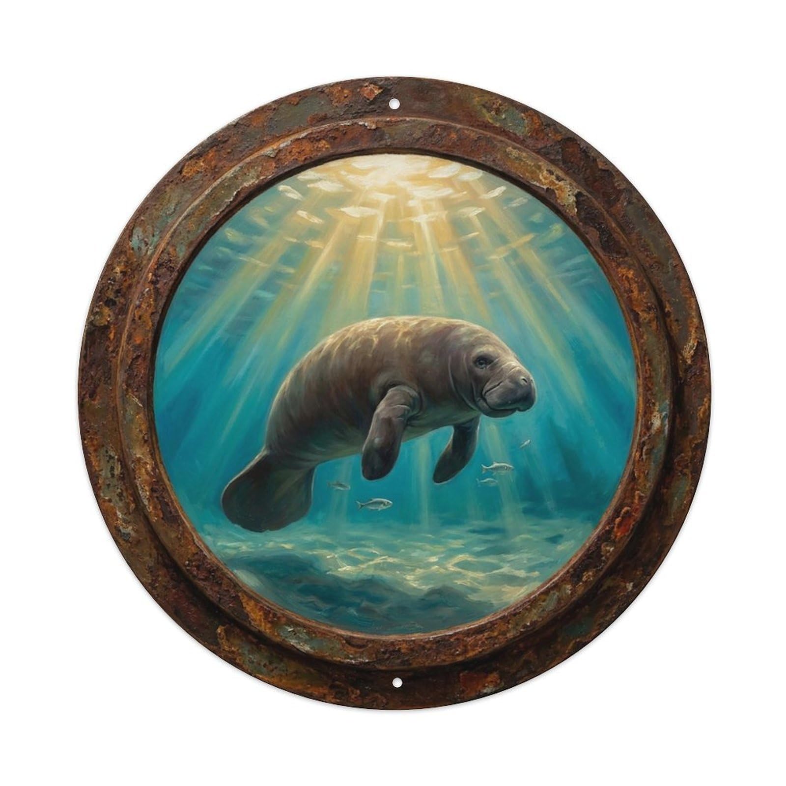 Vintage Porthole Manatee Peaceful Ship Window Under Deep Metal Tin Sign