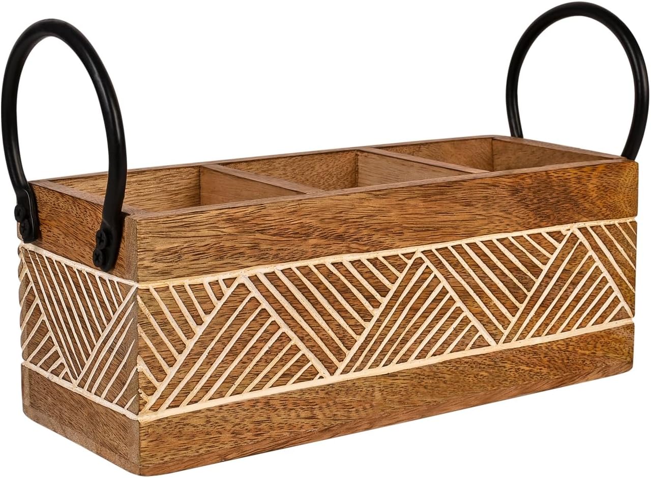 "Handcrafted Wooden Cutlery Spoon Holder - 3 Compartment Large Organizer with Iron Handles - Rustic Brown, 11 x 4 x 4 Inches