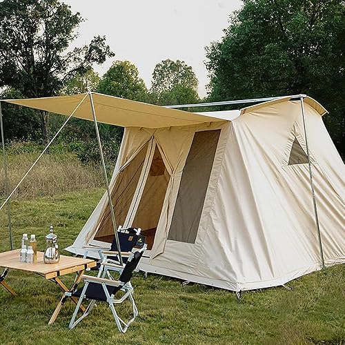 Miniatura 5 de UNISTRENGH Tienda de campaña de lona de algodón impermeable para 4 estaciones, refugios para acampar al aire libre con toldo y puertas de malla