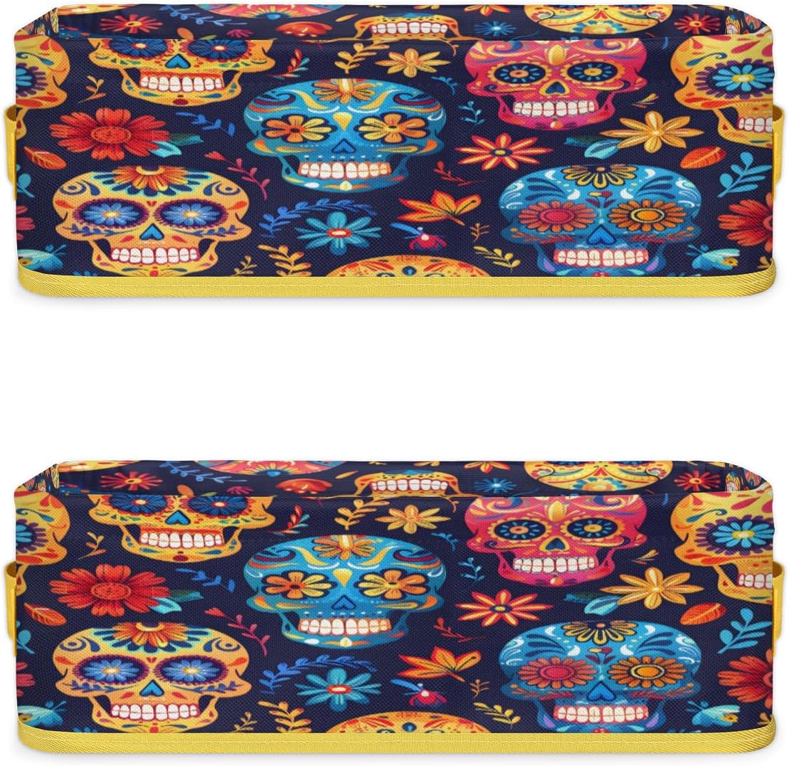 Colorful Skull Daisy Bathroom Storage Baskets Waterproof Bathroom Counter Organizer Decorative Toilet Paper Storage Basket for Organizing for Bathroom Living Room Decor (Set of 2)