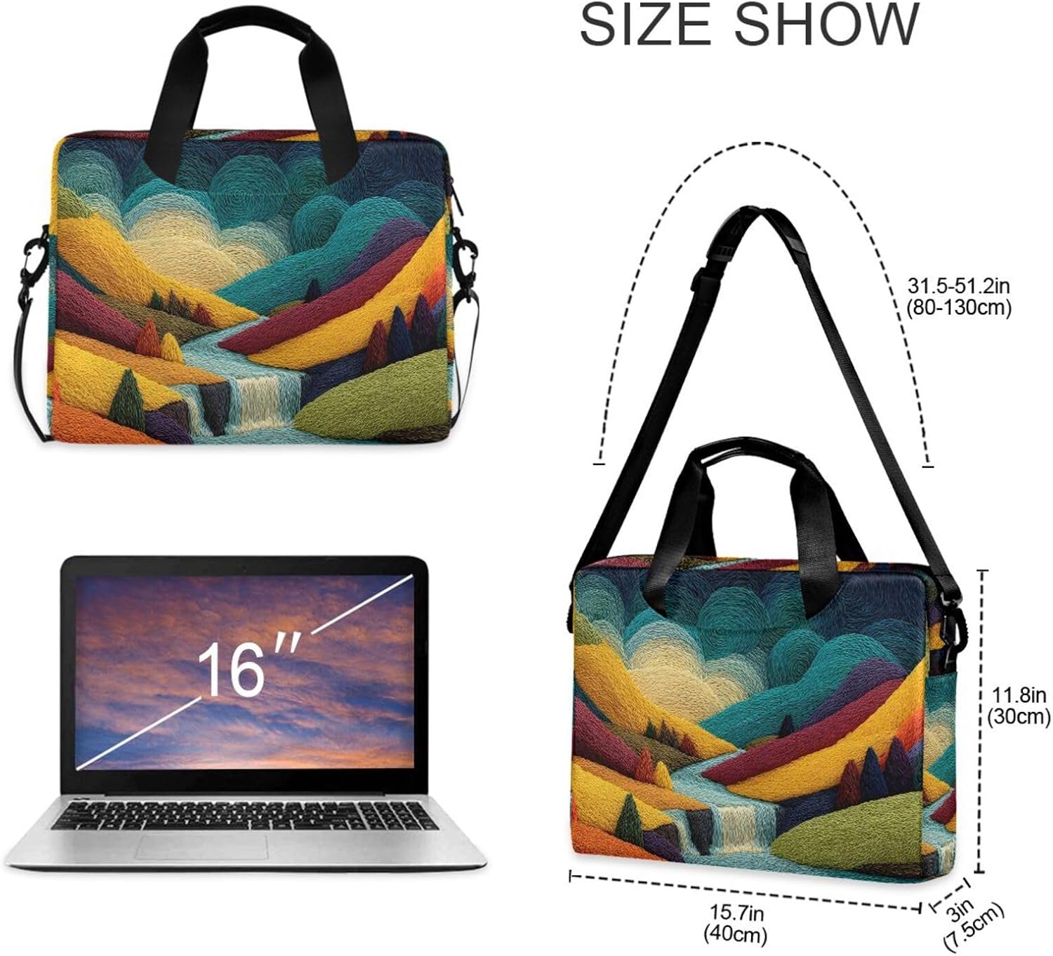 Laptop Bag Sleeve Colored Landscape Printed for 16 in Computer, Briefcase with Shoulder Strap Top Handle Multi Pockets