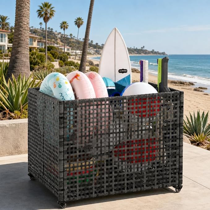 GarveeLife Large 33 Inch Pool Storage Bin, Heavy Duty Outdoor Rattan Rolling Organizer with Mesh & 4 Locking Wheels, Ventilated Pool Float Rack for Noodles, Toys, Floats, Balls, Brown