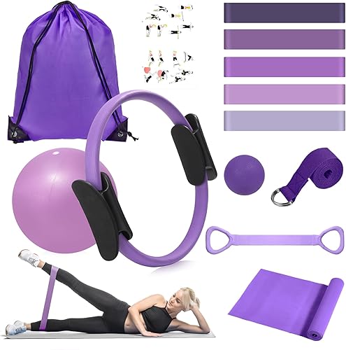 Miniatura 10 de HASHMUST Kit de anillos de pilates de 12 piezas para mujer, equipo de entrenamiento en casa con círculo mágico, mini pelota de ejercicio, bandas de