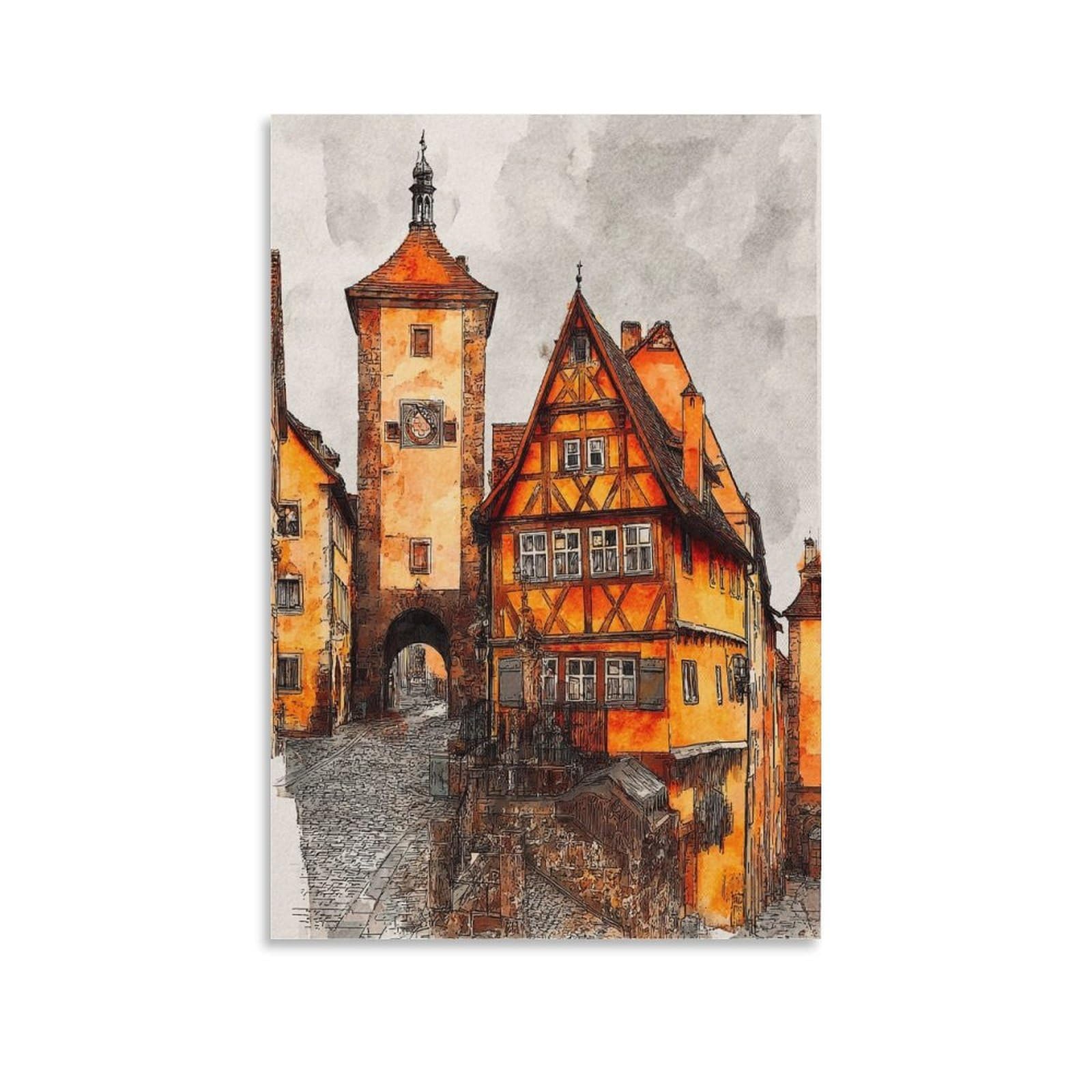 Lcynnh Unframe-Style Rottenburg Germany 24X36inch(60X90cm) Vintage Travel Poster Watercolor Canvas Art