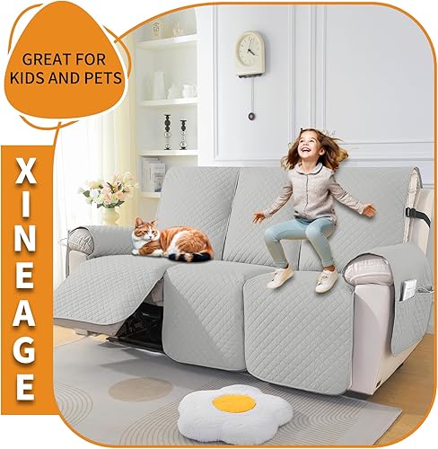 Miniatura 6 de Funda reclinable, 3 asientos, gris claro, resistente al agua, acolchada, transpirable, funda universal, correas ajustables, protección de muebles,