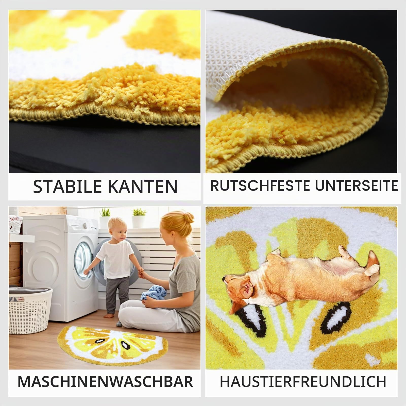 Zitronen Motiv Badematte Anti-Rutsch, Weicher Badezimmer Teppich aus Samt, Saugstark & Waschbar Gelb 45 x 80 cm