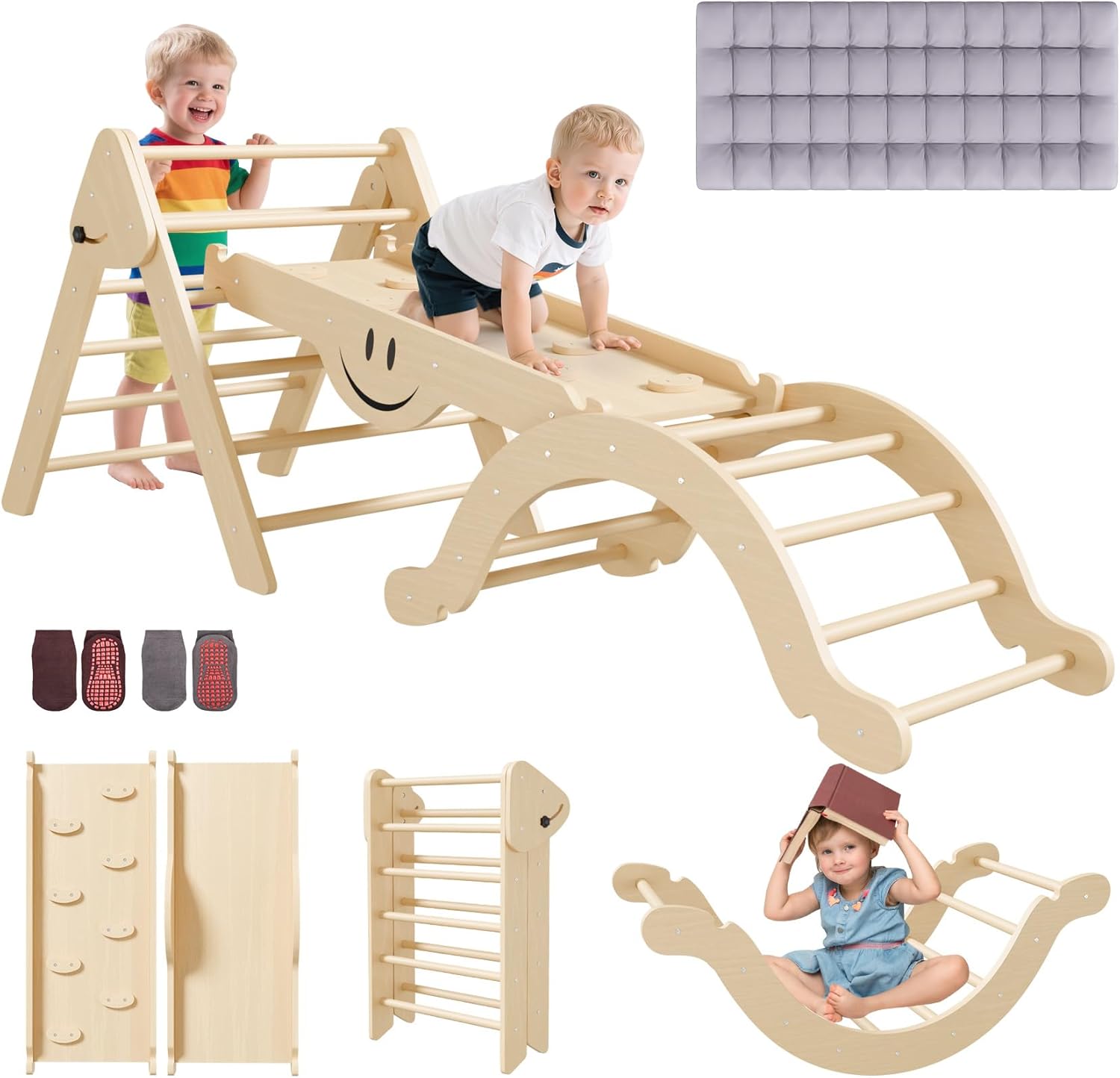 BIERUM Pikler Triangle Set - 8 in 1 Toddler Climbing Toys Indoor with Soft Cushion, Montessori Wooden Pickler Climbing Set with Ramp, Foldable Baby Climbing Gym, Natural Natural With Cushion