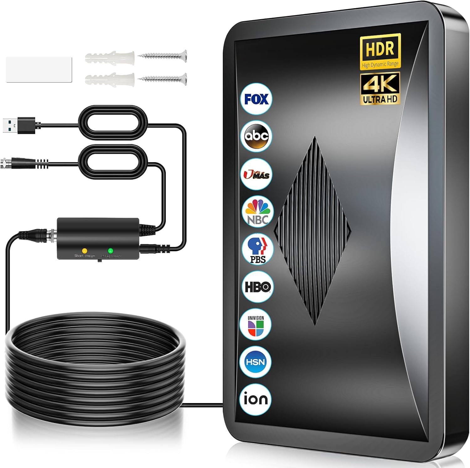 Antenna TV Interna 700KM+, Antenna TV da Interno con Amplificatore di Segnale Ultra Potente, 360° Ricezione Canali Locali HD, Compatibile con Tutti i TVs Supporta 8K, 4K, 1080P -Cavo Coassiale 10M
