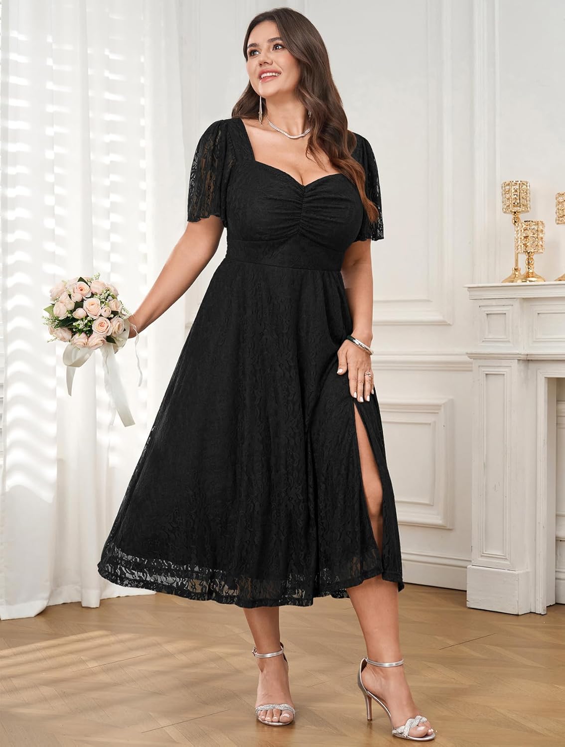 SCOMCHIC Womens Plus Size Wedding Guest Cocktail Lace Dress Sweetheart Neckline Short Sleeve Smocked Split Midi Dresses - Image 5