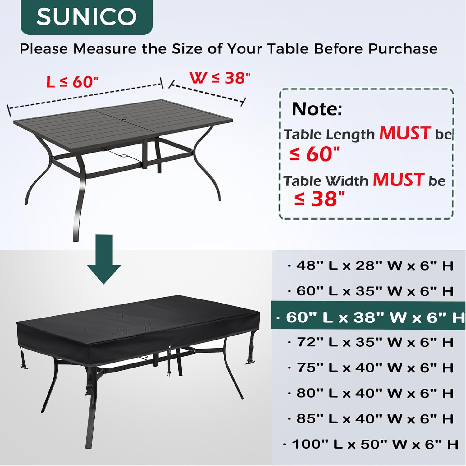 SUNICO Outdoor Dining Table Cover rectangular (60" L x 38" W x 6" H), Patio Table Cover rectangle for Dining Table & Picnic Table.Windproof, Waterproof, Stain-Resistant, Durable Outdoor Cover