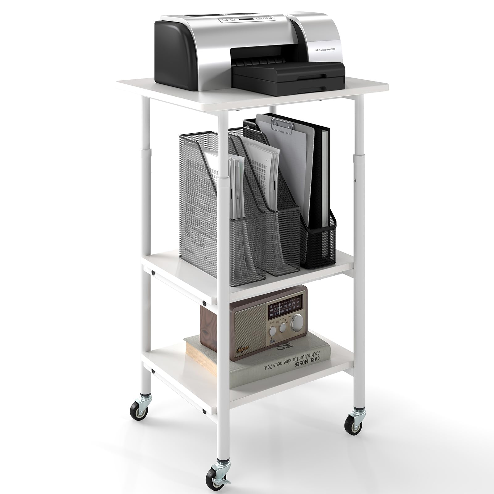 COSTWAY 2/3-Tier Mobile Printer Stand with Wheels, Rolling Desk Organizer Storage Shelf Printer Table Desktop Stand, Home Office Under Desk Cart Unit for Fax Machine (49 x 40 x 77cm, White)