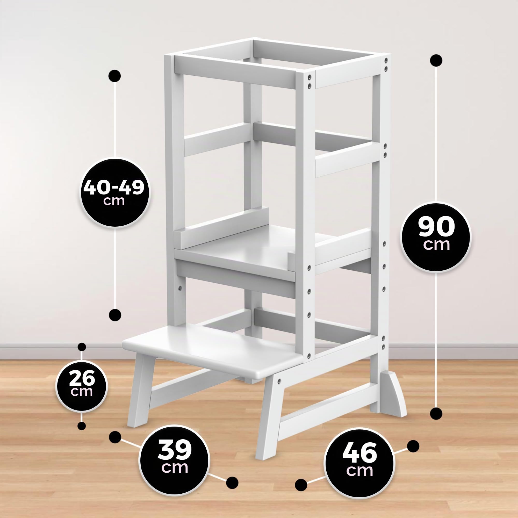 Torre Montessori per Bambini in Legno Bianco – Torre di Apprendimento Regolabile in Altezza, Sicura e Stabile, Ideale per Cucina e Bagno