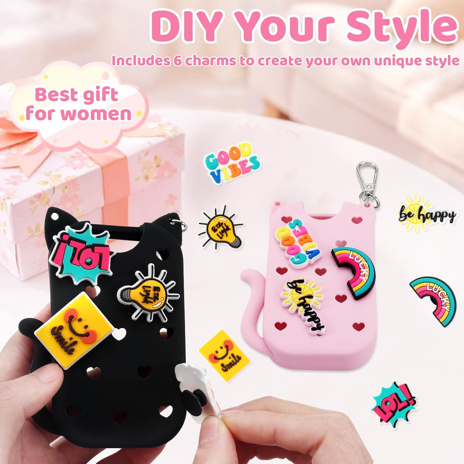 Cat Silicone Case for Touchland Hand Sanitizer Spray Cute Protective Case Compatible with Touchland Portable Hand Sanitizer Holder Keychain with 6 Charms for Power Mist and Glow Mist 1 Fl Oz - Image 5